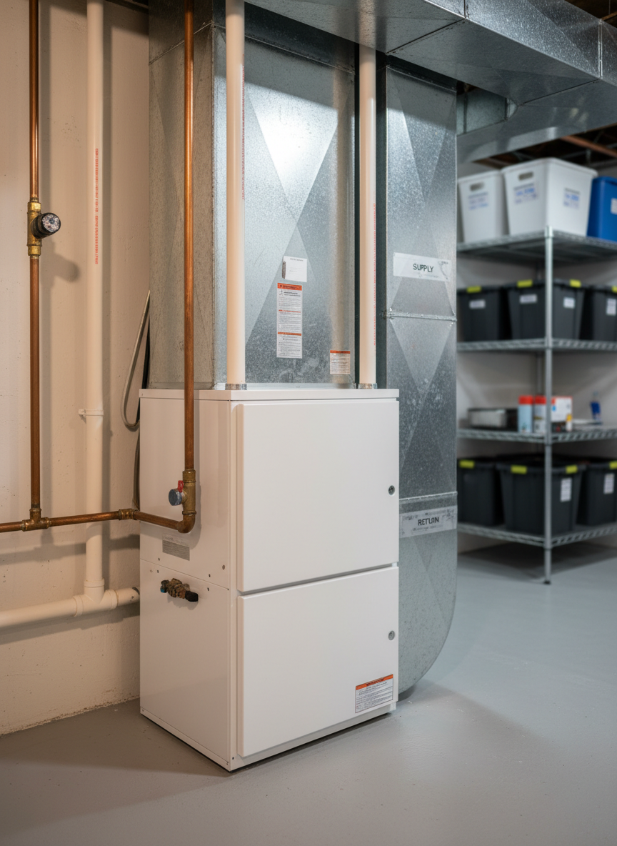 A high-efficiency gas furnace with a clean white metal housing and clearly labeled service panel, positioned in a spotless residential basement next to neatly run copper and PVC lines. The surrounding concrete floor is freshly painted light gray, with organized shelving and labeled ductwork in the background, slightly out of focus. Soft, even studio-style lighting mimics natural daylight, creating gentle highlights on the furnace’s smooth surfaces and subtle shadows around its base. The mood is professional, trustworthy, and reassuring, suggesting dependable home comfort. Captured at eye level with a moderate depth of field, the composition uses the rule of thirds to emphasize the furnace while keeping the environment visible. The photographic realism and clean, modern aesthetic reflect an affordable, homeowner-friendly HVAC service brand.
