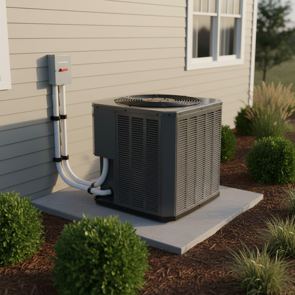 A modern outdoor air conditioning condenser unit with a sleek gray finish and prominent top fan grille, placed on a level concrete pad beside a well-maintained suburban home with light-colored siding. Electrical disconnect box and insulated refrigerant lines are neatly arranged along the wall, with trimmed green shrubs and a tidy mulch bed creating a welcoming residential setting. Late afternoon natural light casts soft, warm highlights on the unit’s metal louvers and gentle shadows across the ground. The atmosphere feels calm, reliable, and organized. Shot from a slightly elevated three-quarter angle with sharp focus on the condenser and a subtly blurred background, the photographic image has a clean, professional look that communicates quality installation and careful workmanship for home cooling solutions.