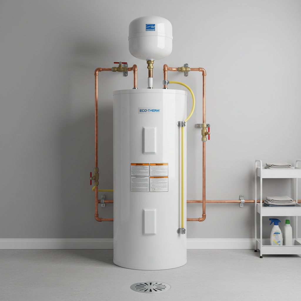 A gleaming, energy-efficient residential water heater with a tall white cylindrical tank, crisp manufacturer labels, and a neatly installed expansion tank above, situated in a bright utility room with smooth painted walls. Copper water lines and gas piping are carefully bent and secured, with shutoff valves clearly visible. The floor is clean sealed concrete, with a floor drain and a small, tidy storage shelf blurred in the distance. Bright, diffused overhead lighting creates consistent illumination with soft reflections on the tank’s enamel surface and defined but gentle shadows behind. The mood feels orderly, safe, and dependable. Captured at eye level with a centered composition and moderate depth of field, the photographic realism and uncluttered, modern environment underscore professional installation and long-term home comfort.